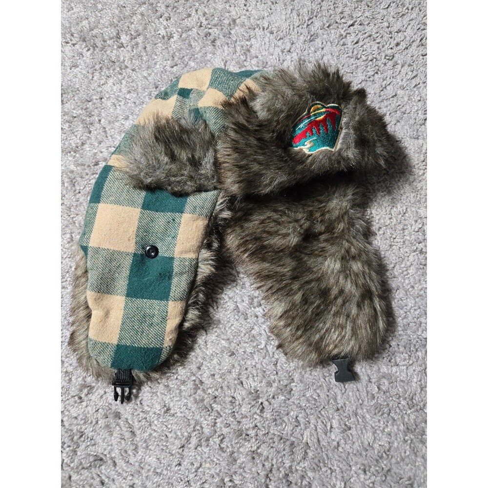 NHL Minnesota Wild Hockey Trapper Hat Winter Faux Fur Green Plaid Cabin